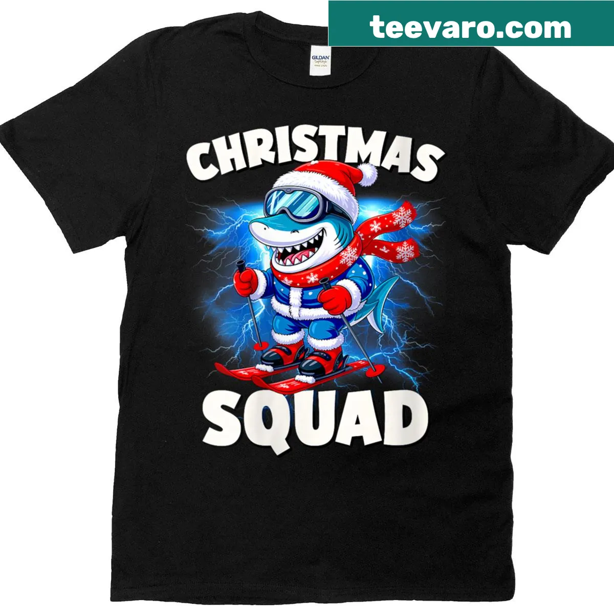 Funny Christmas T-shirt with shark squad graphic — on a men's t-shirt
