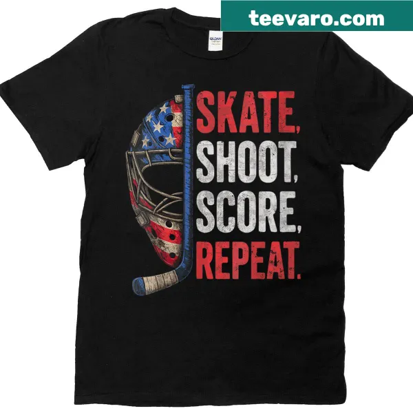 Graphic t-shirt with a fun hockey-themed text and American flag elements