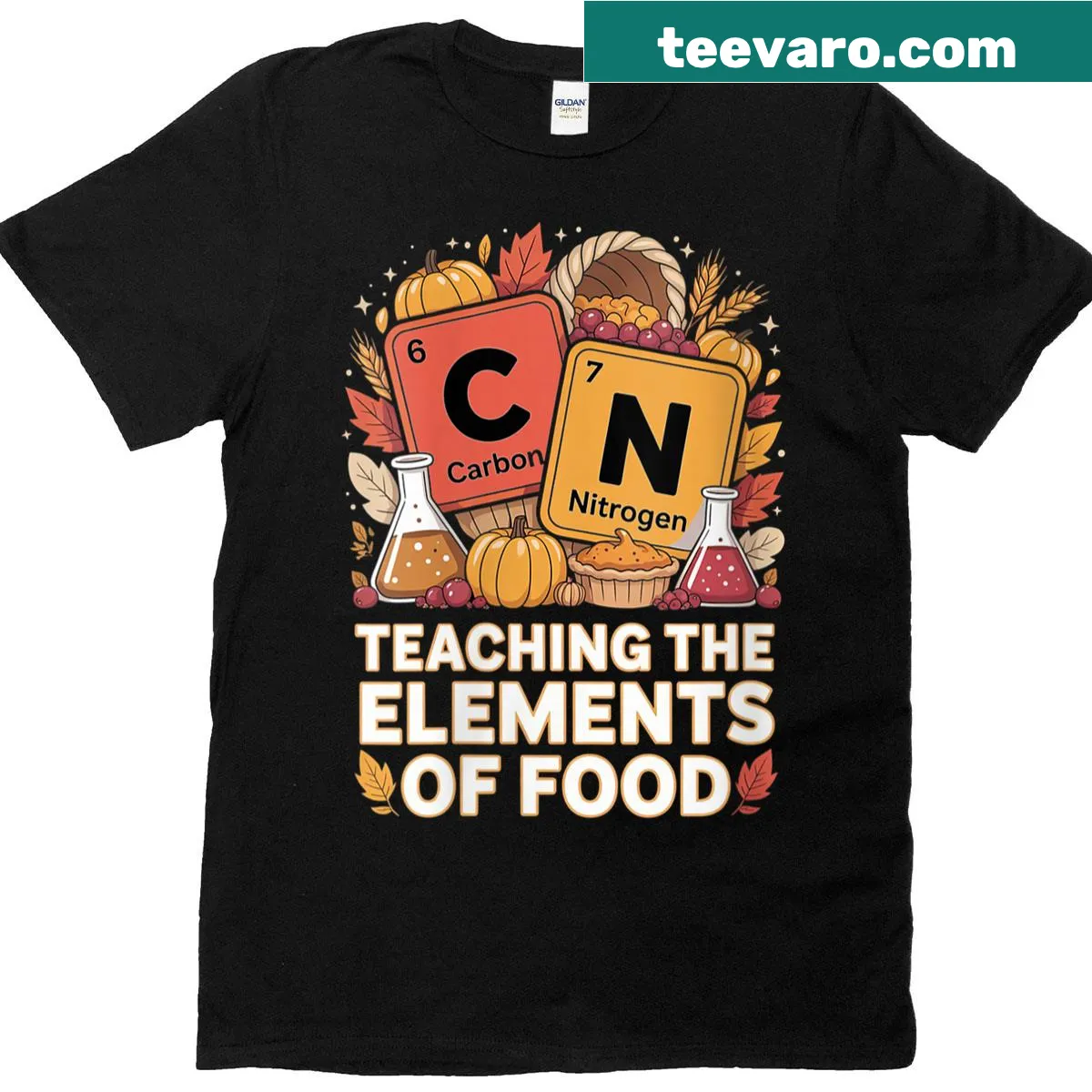 Funny Thanksgiving t-shirt for science teachers featuring a periodic table meme — on a men's t-shirt