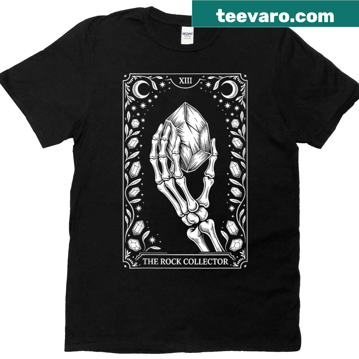 Geologist T-shirt featuring a rock collector tarot card graphic — on a men's t-shirt