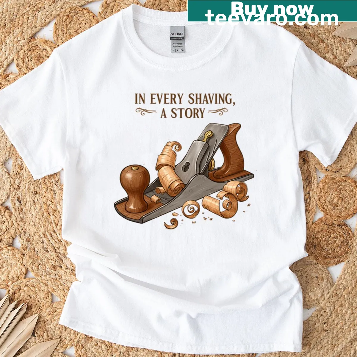 Woodworking-themed T-shirt featuring detailed wood grain illustrations — on a men's t-shirt