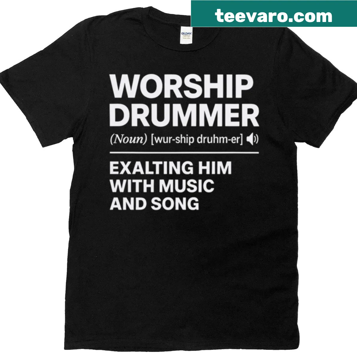 Definition-style graphic t-shirt celebrating worship drummers — on a men's t-shirt