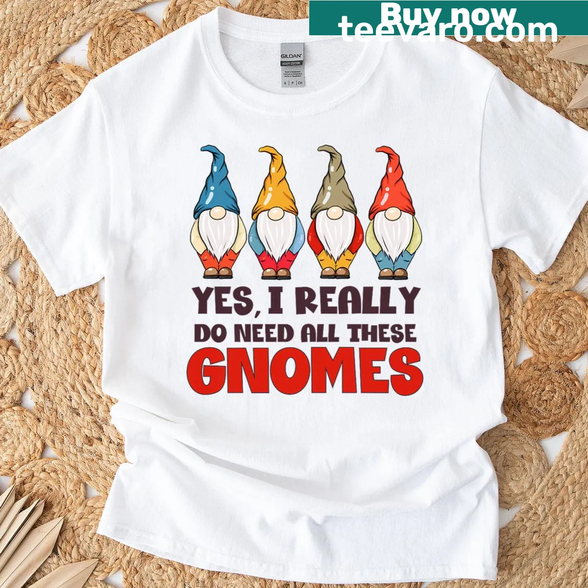 Funny T-shirt featuring gnomes and humorous text — on a men's t-shirt
