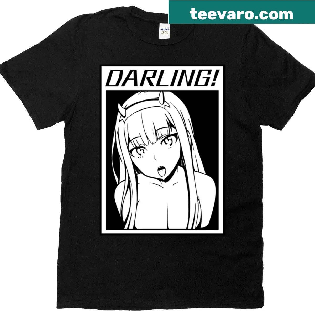 Illustrated T-shirt featuring the character Zero Two from anime — on a men's t-shirt