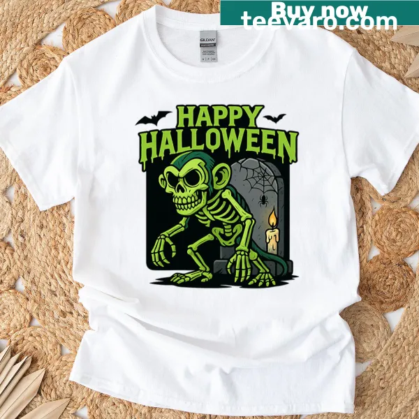 Cartoon zombie monkey graphic on a T-shirt.