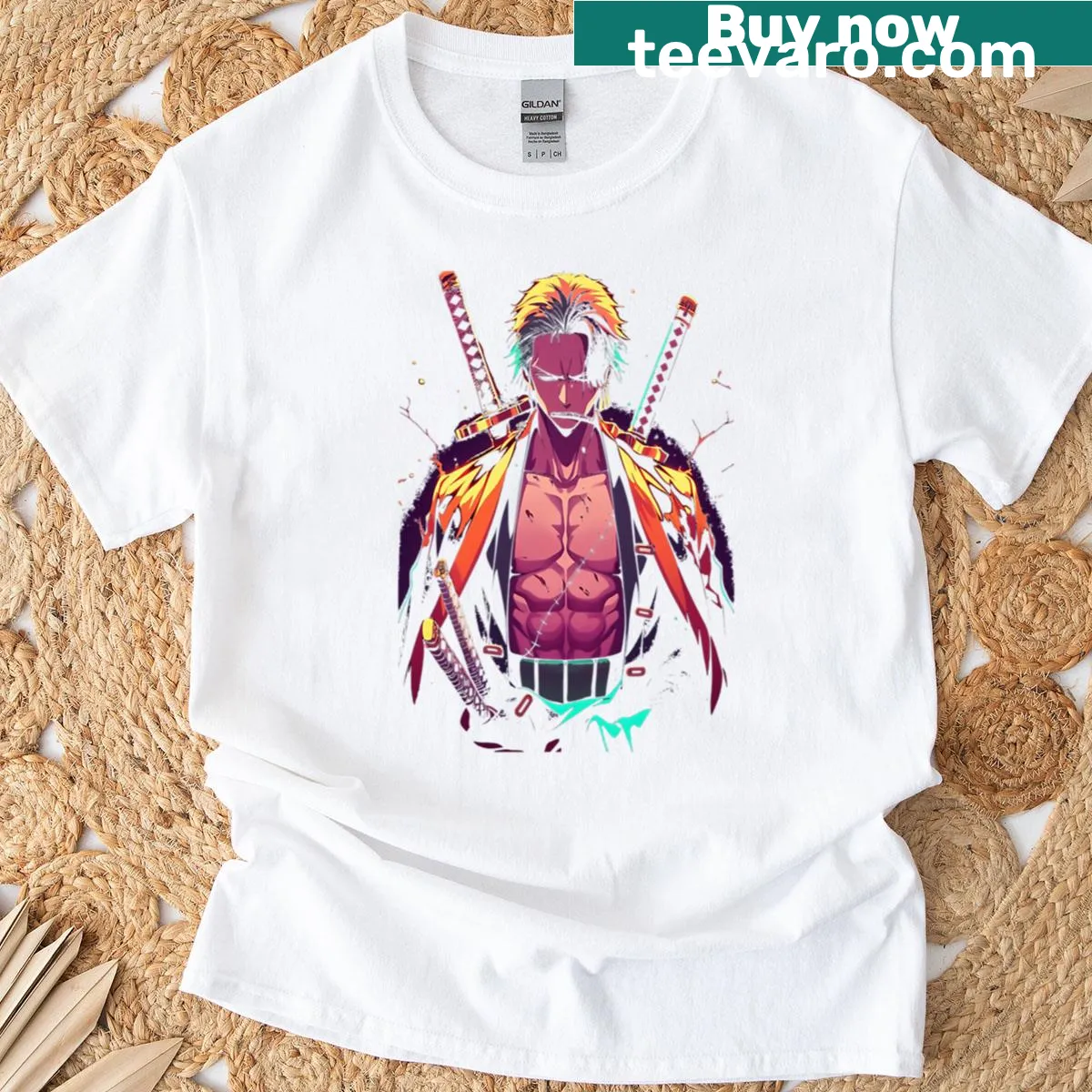 Zoro from One Piece graphic T-shirt celebrating the character's legacy — on a men's t-shirt
