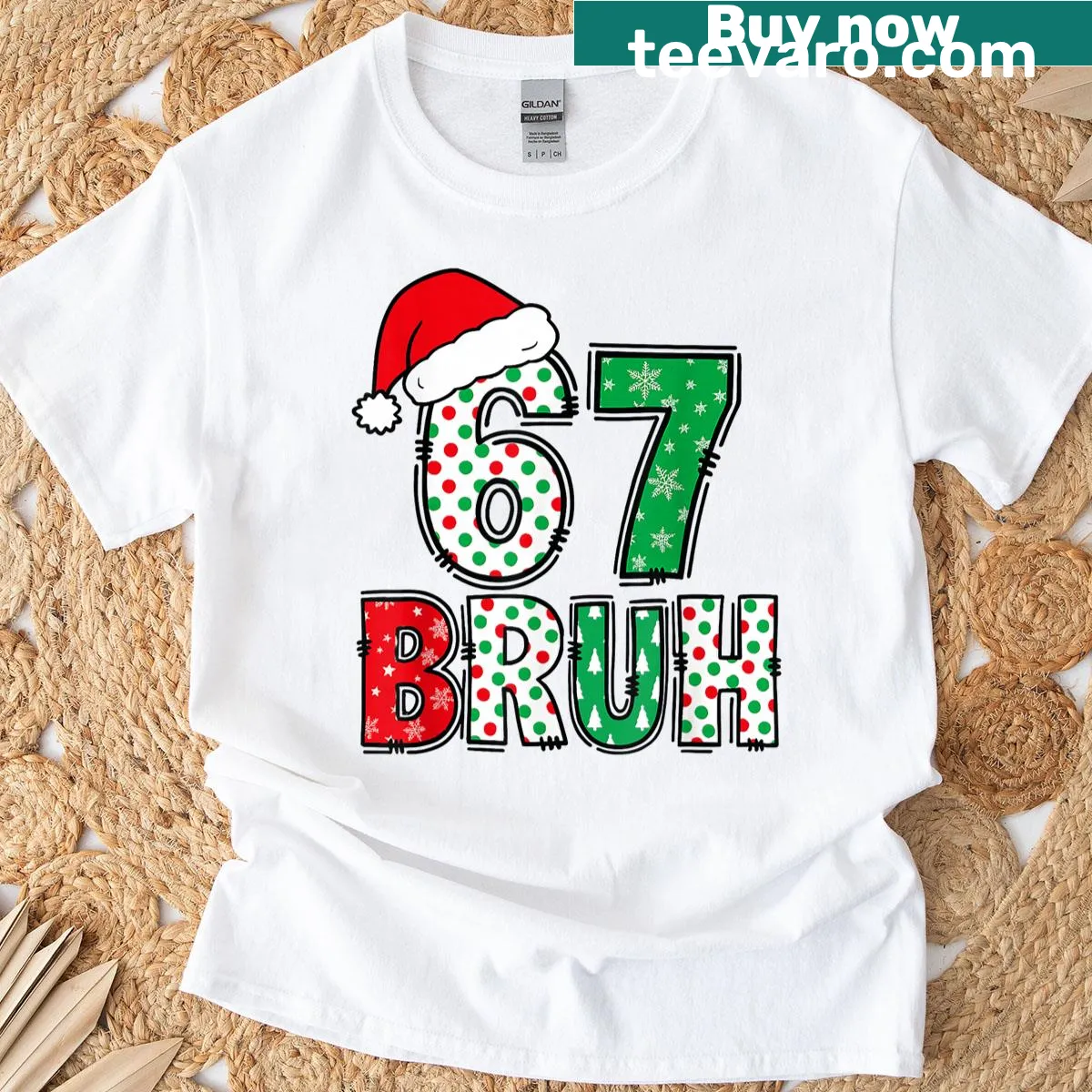 Funny Christmas meme t-shirt for teachers with 67 Bruh design — on a men's t-shirt