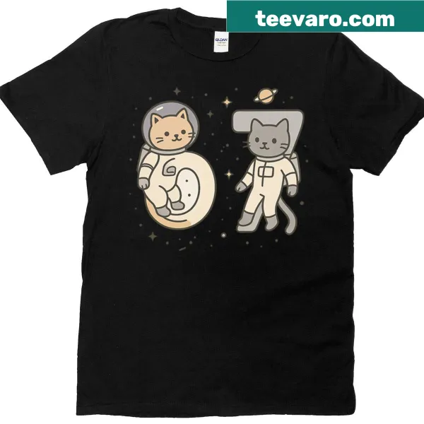Cartoon design of 67 astronaut cats in space on t-shirt