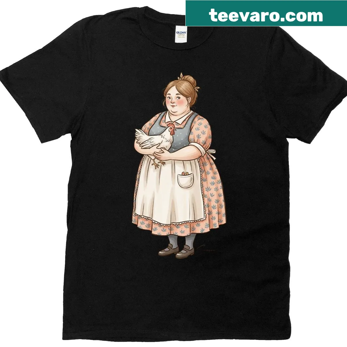 Illustration of a farm woman holding a white chicken on a t-shirt — on a men's t-shirt