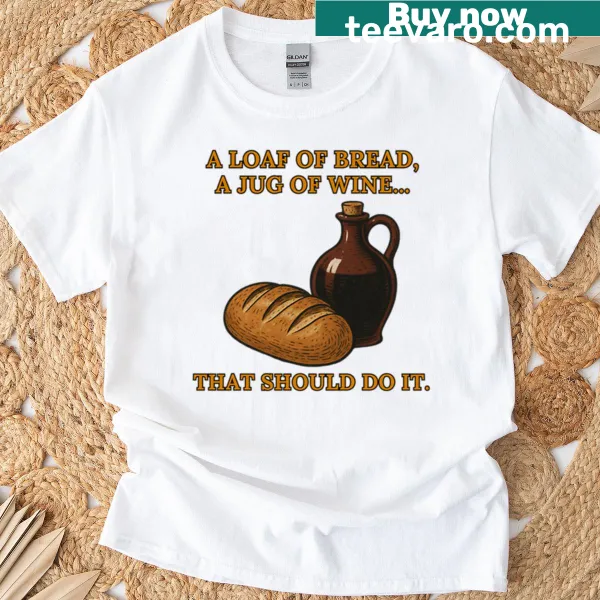 T-shirt with simple pleasures design featuring bread and wine