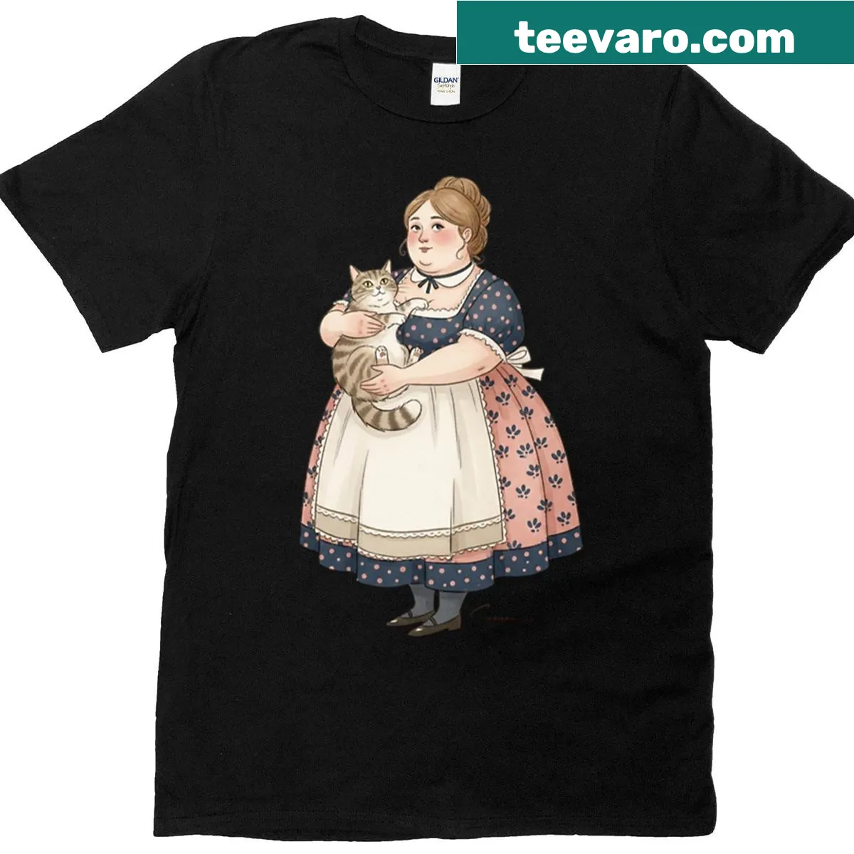 Illustration of a woman with her tabby cat on t-shirt — on a men's t-shirt
