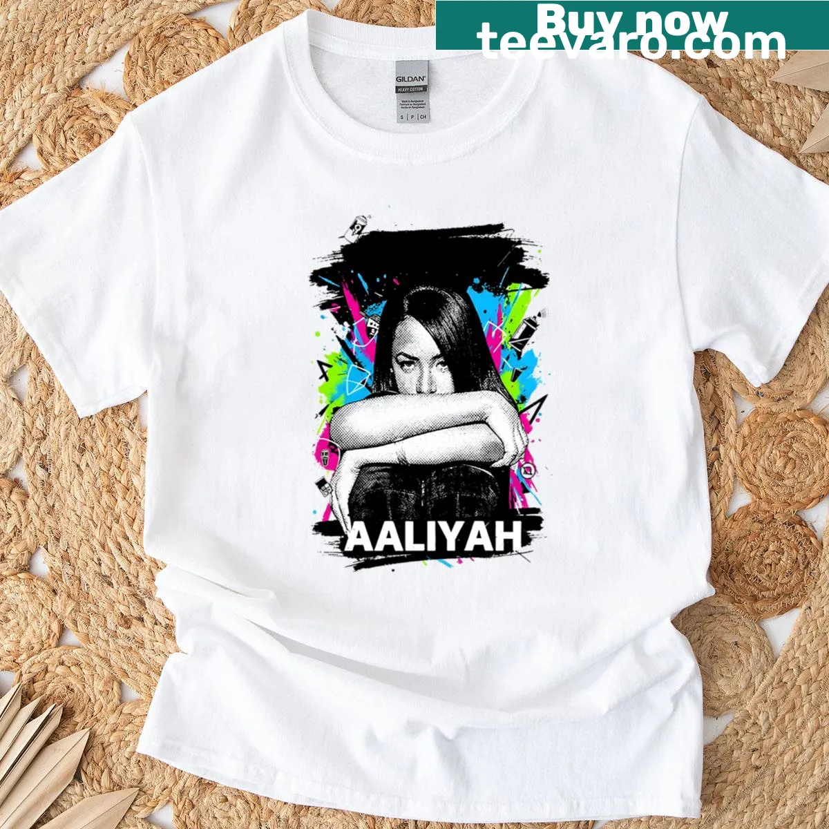 Neon street style Aaliyah illustration t-shirt — on a men's t-shirt