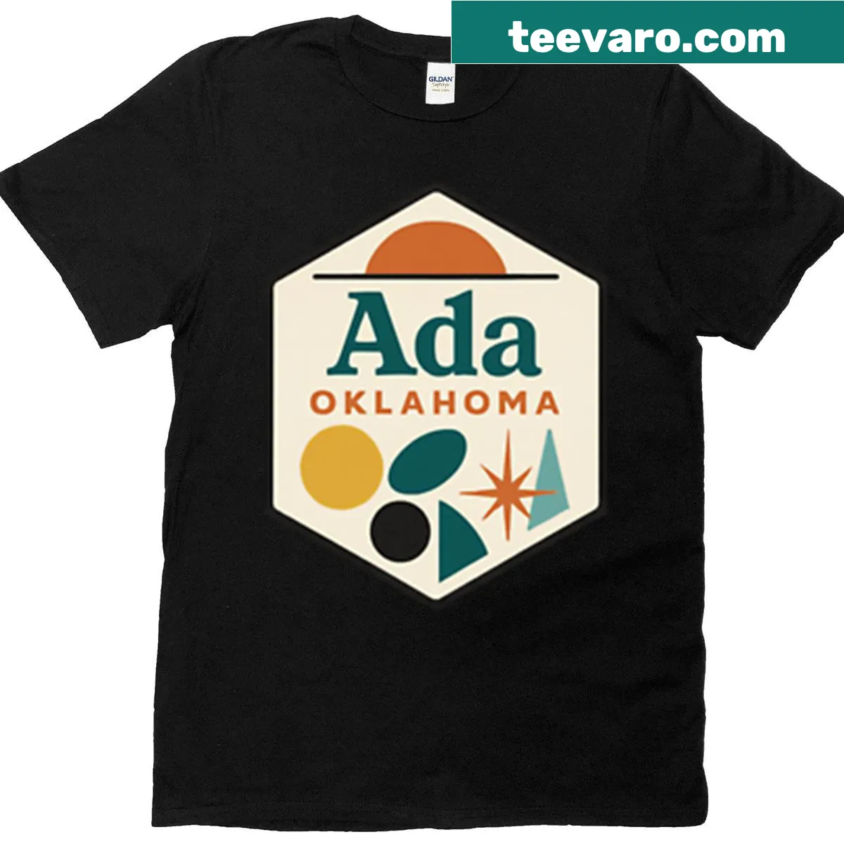 T-shirt showcasing Ada, Oklahoma landmarks in an illustration — on a men's t-shirt