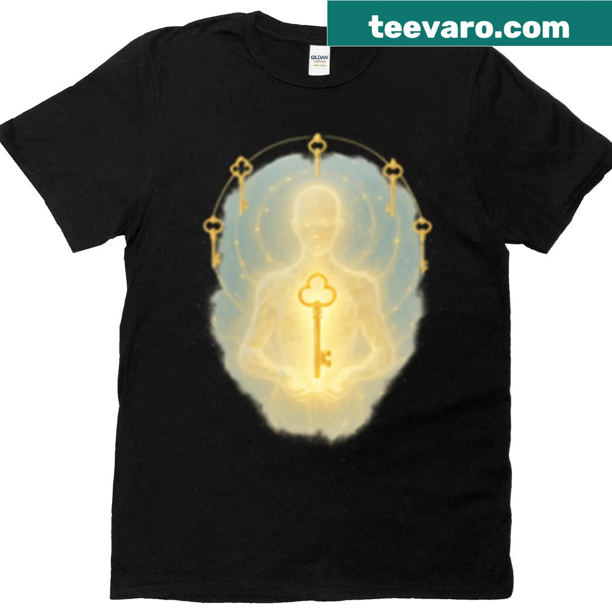 Mystical key design with ethereal elements on a t-shirt — on a men's t-shirt