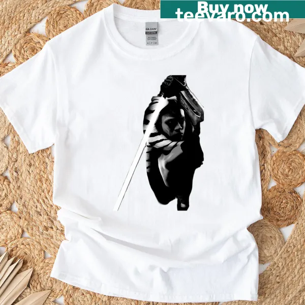 Black and white illustration of Ahsoka Tano on a T-shirt