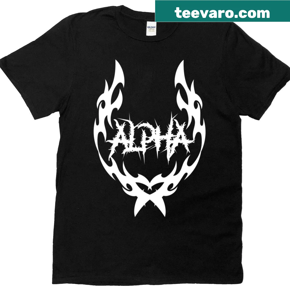 Tribal metal logo graphic on a white streetwear t-shirt — on a men's t-shirt