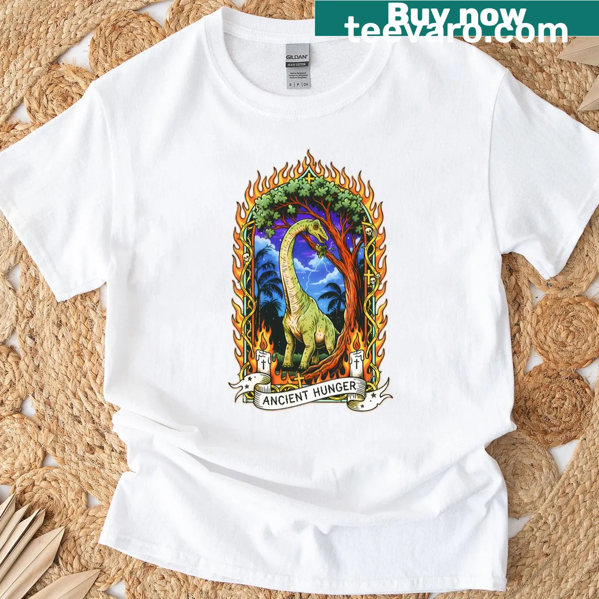 Retro horror t-shirt featuring a distressed brachiosaurus design — on a men's t-shirt