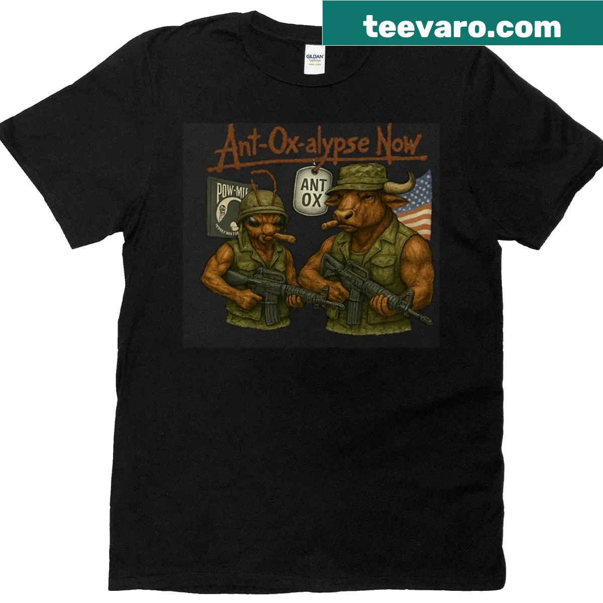 Ant Ox Unbox graphic on a Veteran's Day themed t-shirt — on a men's t-shirt