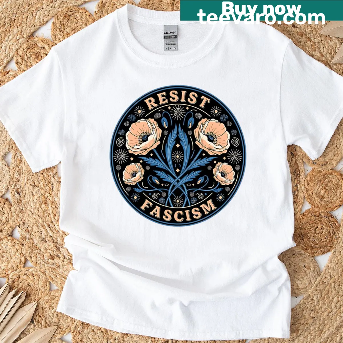 Art Nouveau poppy emblem T-shirt promoting anti-fascism. — on a men's t-shirt