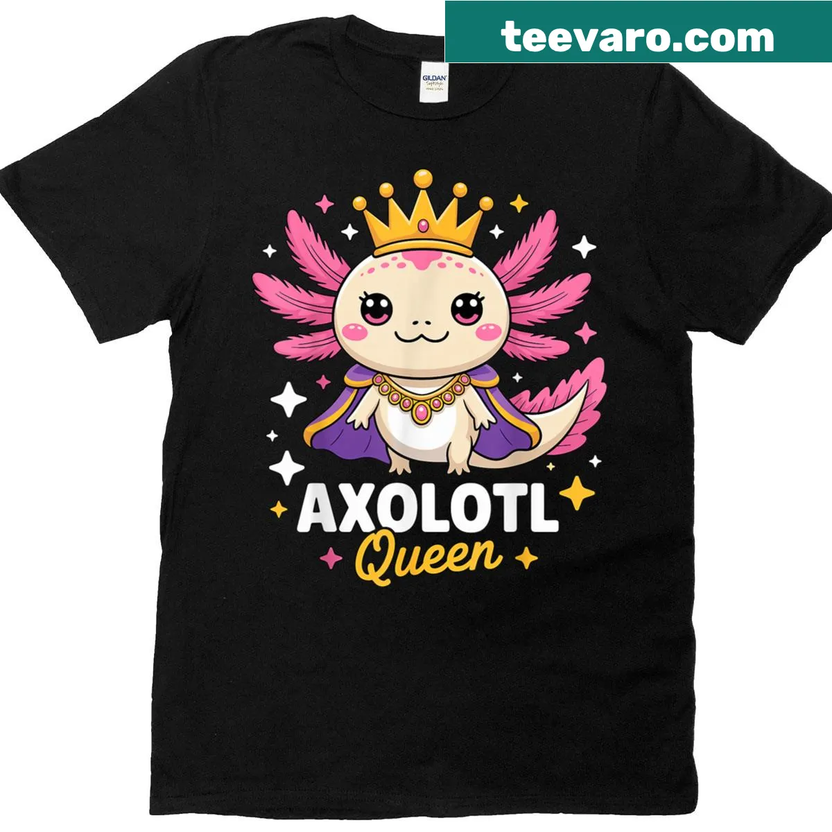 Cute cartoon axolotl queen graphic on t-shirt — on a men's t-shirt