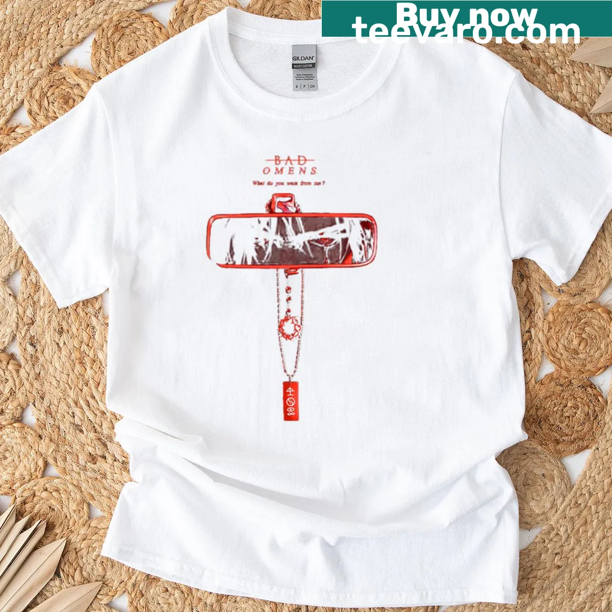 Bold Bad Omens red key logo printed on a casual T-shirt. — on a men's t-shirt