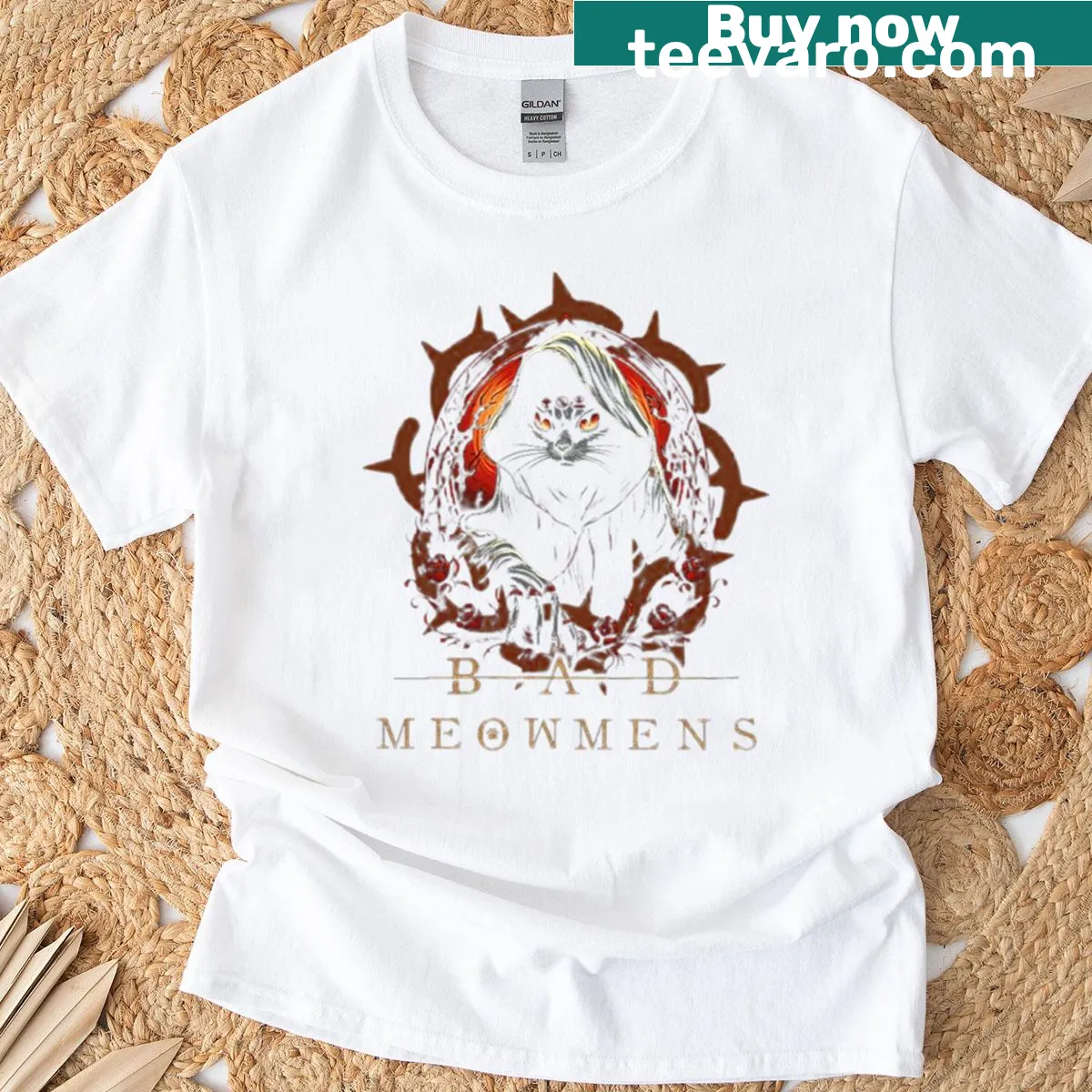 Bold red logo T-shirt for Bad Omens music fans — on a men's t-shirt