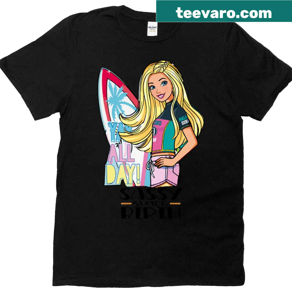 Oversized T-shirt with pink doll illustration and text — on a men's t-shirt
