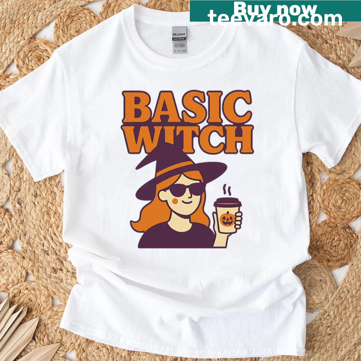 Funny Basic Witch Halloween t-shirt with coffee illustration — on a men's t-shirt