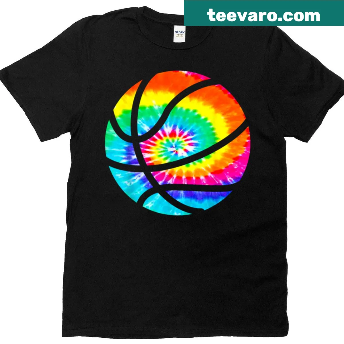 Rainbow tie-dye basketball-themed t-shirt — on a men's t-shirt
