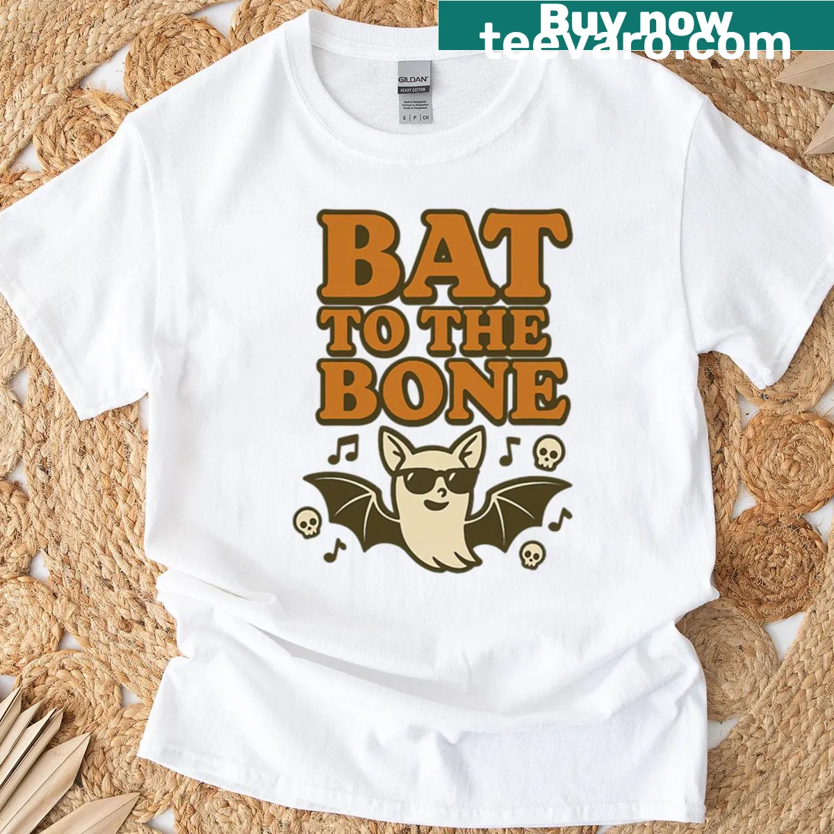 Illustration of a bat with the phrase Bat To The Bone on a Halloween t-shirt — on a men's t-shirt