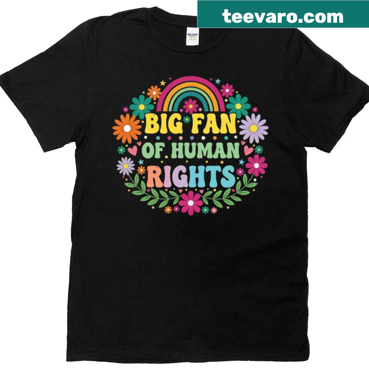 Floral illustration with human rights message t-shirt — on a men's t-shirt