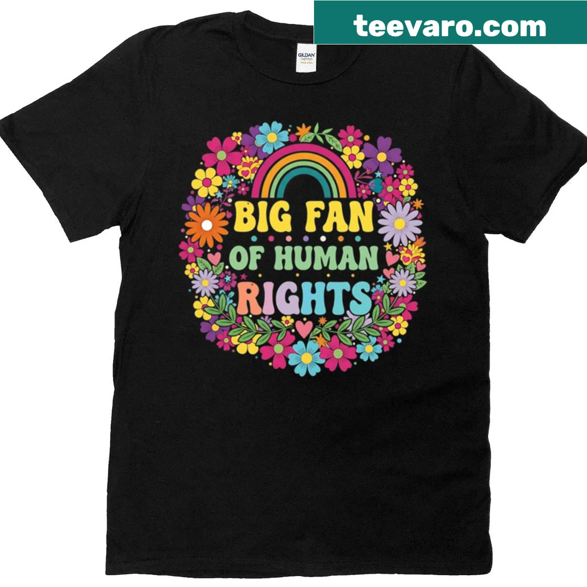 Colorful floral rainbow protest graphic on oversized t-shirt — on a men's t-shirt