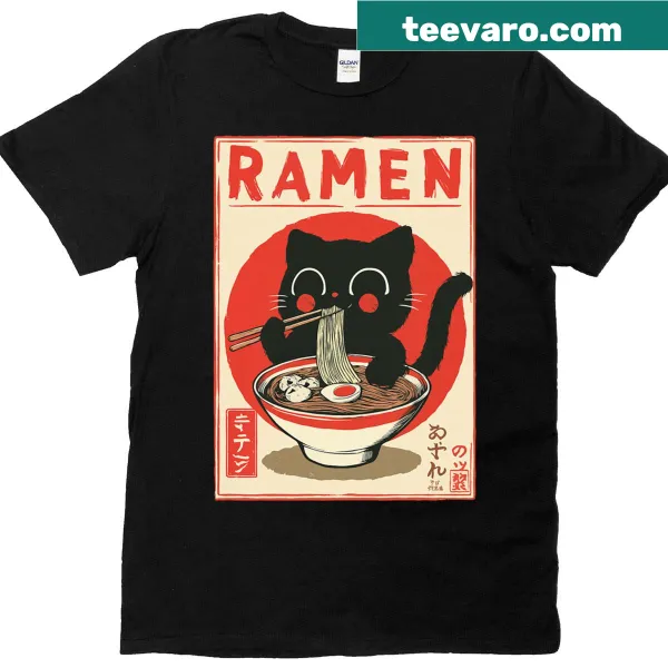 Kawaii black cat eating ramen graphic on t-shirt