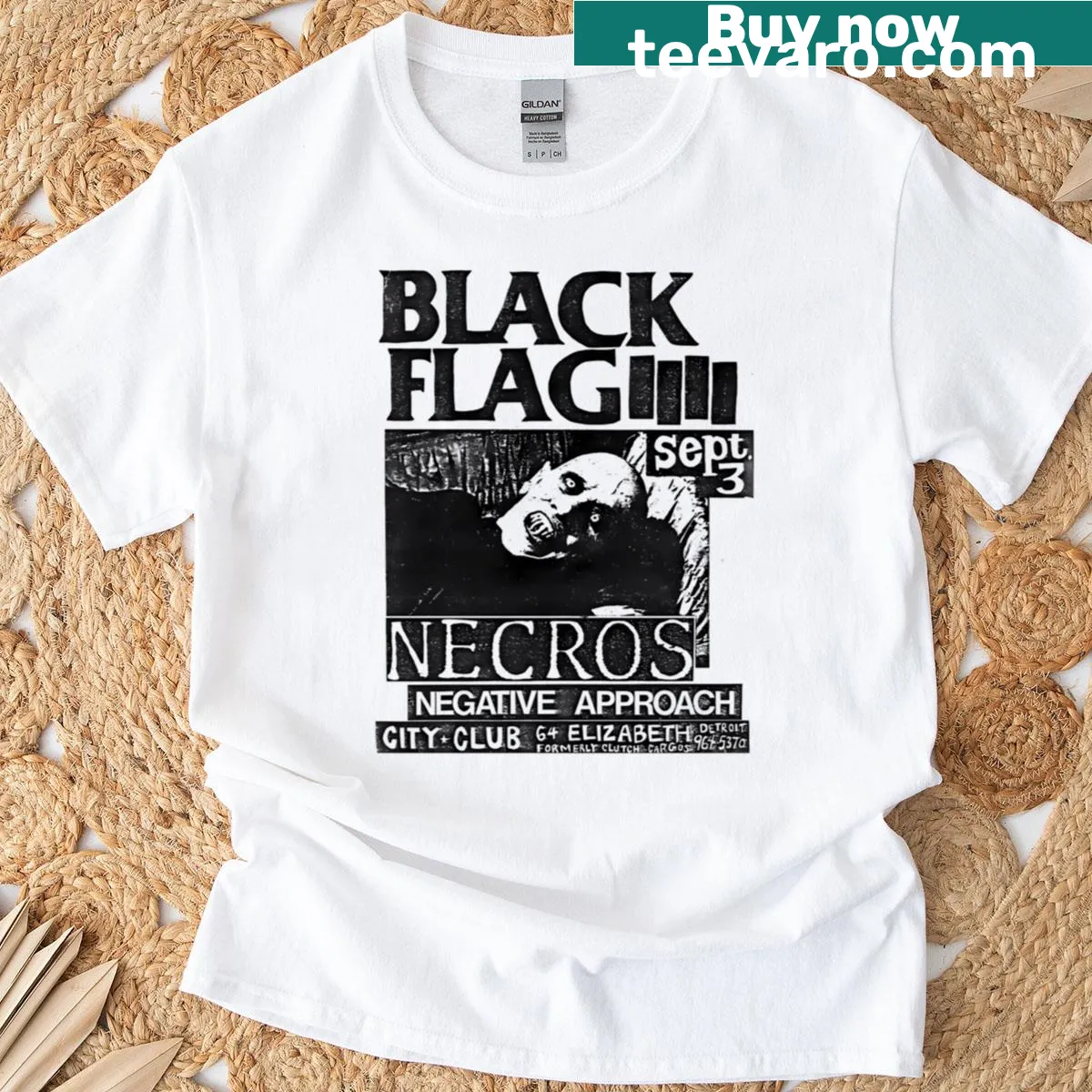 Retro Black Flag band graphic T-shirt — on a men's t-shirt