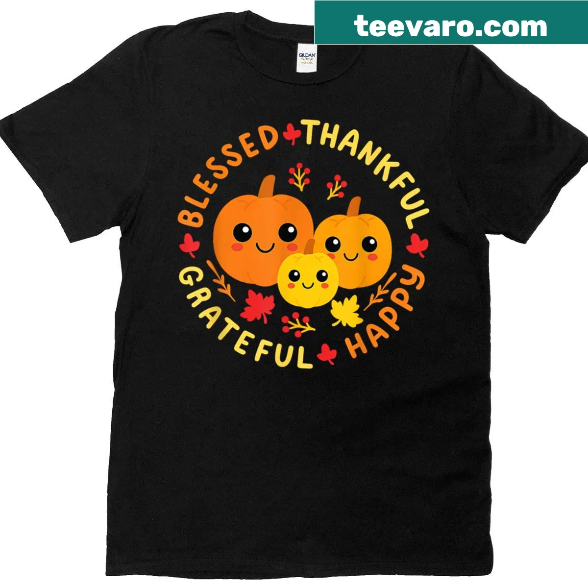 Cute pumpkin graphic with 'Blessed Thankful' text on a Thanksgiving t-shirt. — on a men's t-shirt