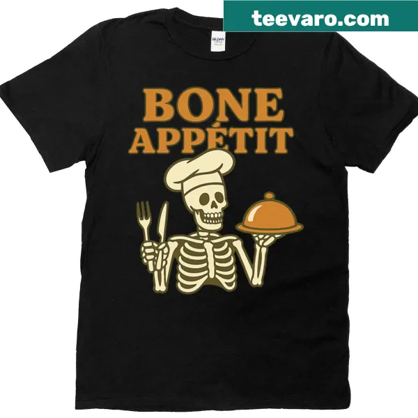 Skeleton chef graphic with 'Bone Apptit' text on a Halloween t-shirt.
