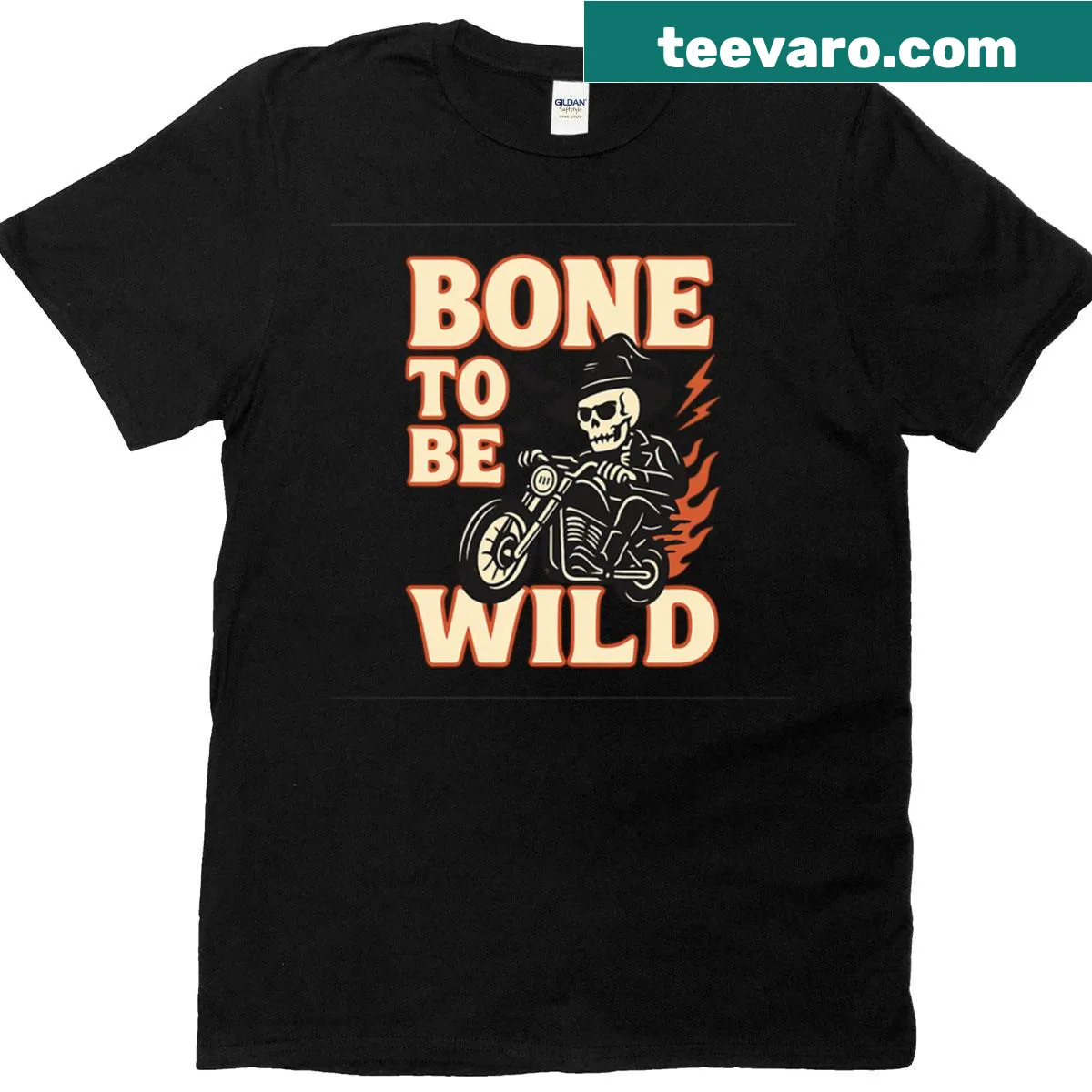 Funny skeleton biker t-shirt with 'Bone To Be Wild' design — on a men's t-shirt
