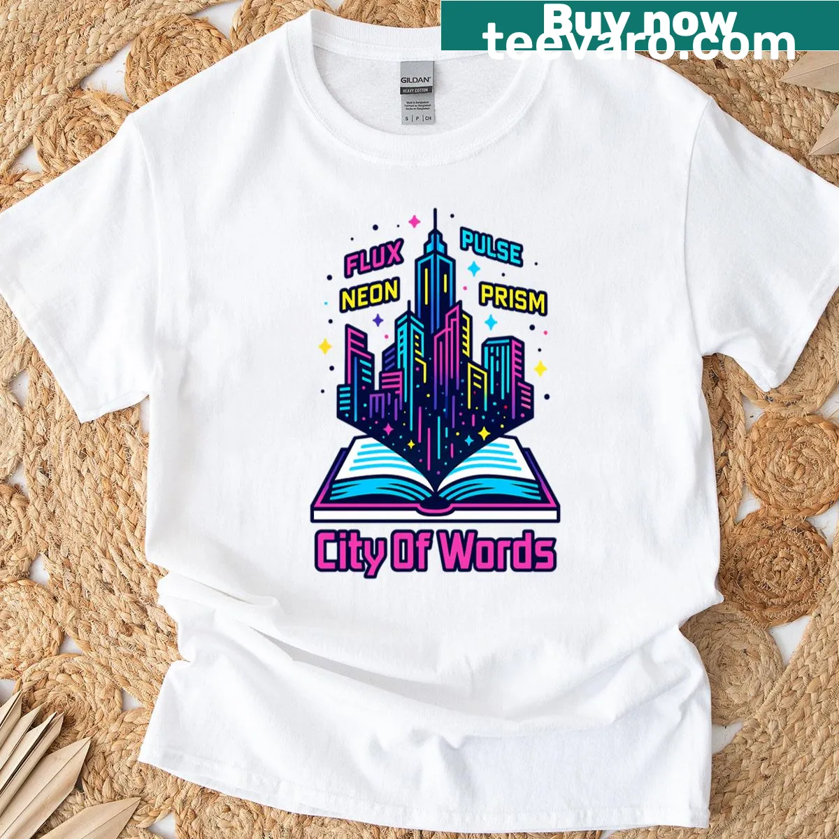 Holographic cyberpunk cityscape design with literary elements on a t-shirt. — on a men's t-shirt
