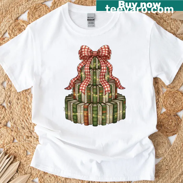 Christmas tree made of books illustrated on T-shirt