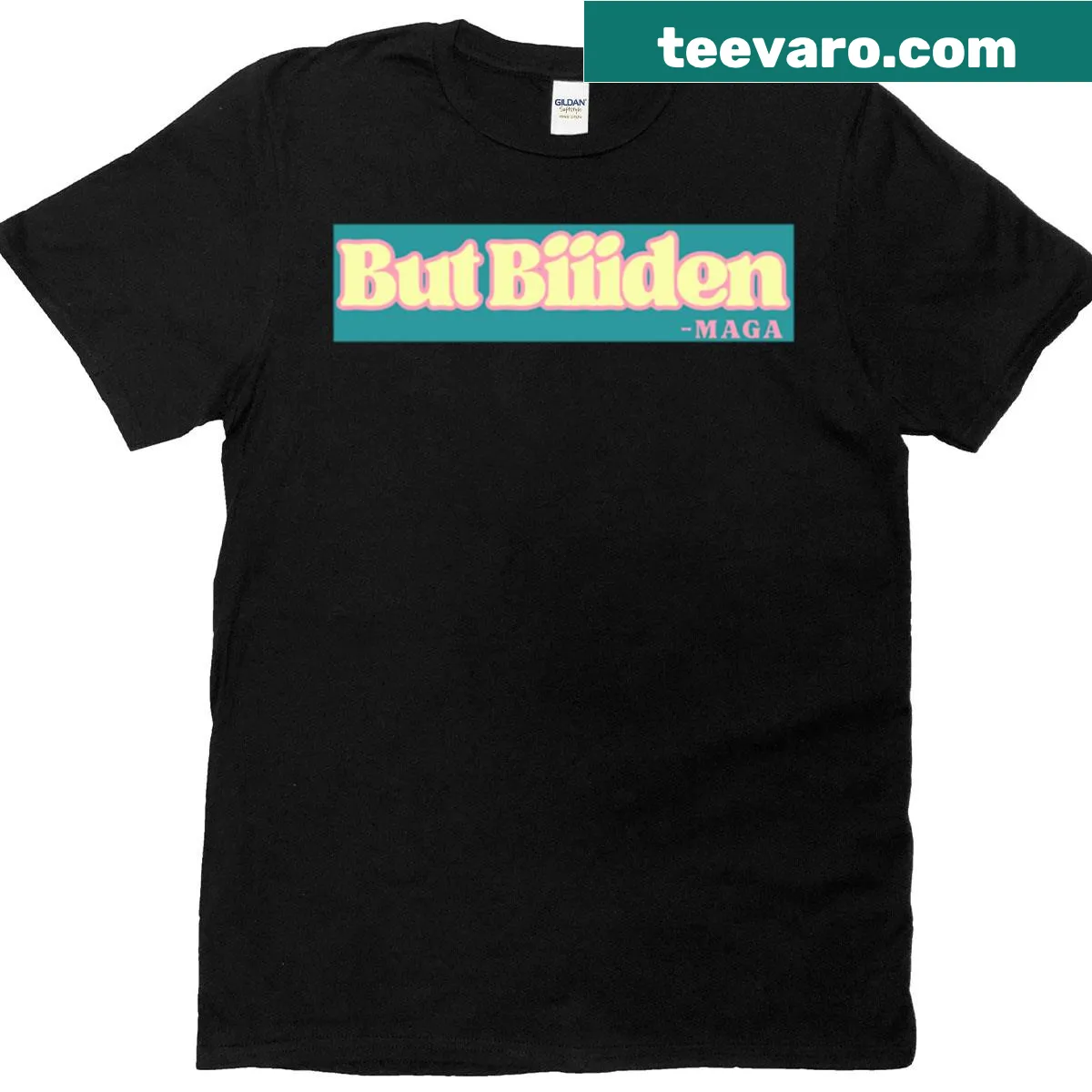 Humorous T-shirt with text 'But Biiiden' — on a men's t-shirt