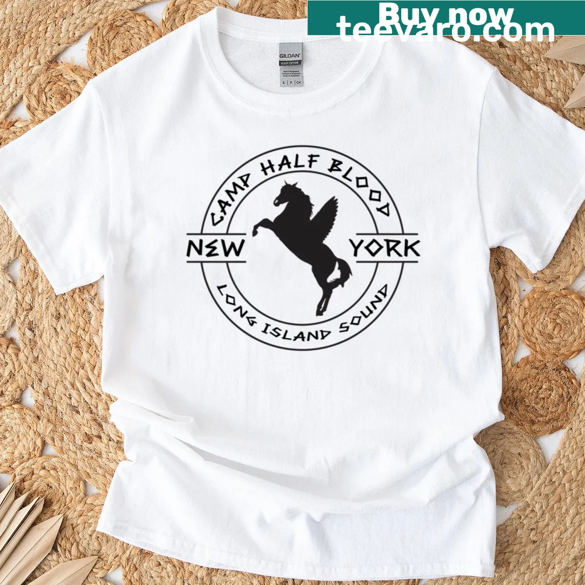 Illustrative Camp Half Blood t-shirt celebrating mythology and adventure — on a men's t-shirt