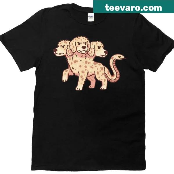 Whimsical illustration of a three-headed dog on t-shirt