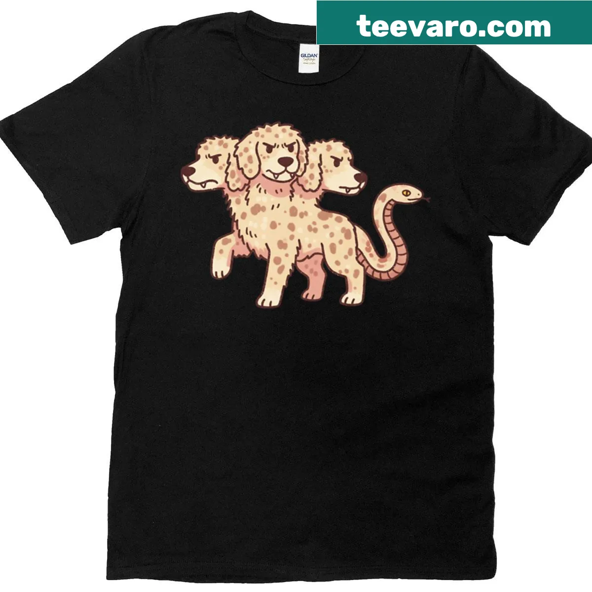 Whimsical illustration of a three-headed dog on t-shirt — on a men's t-shirt