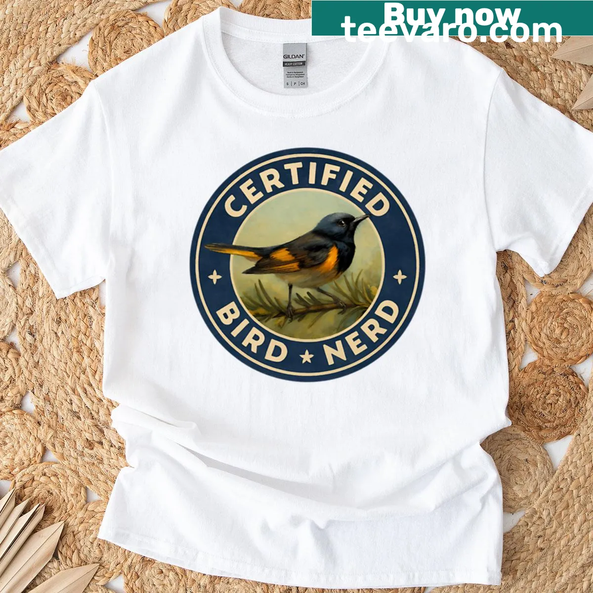 Vintage badge t-shirt with 'Certified Bird Nerd' and American Redstart graphic. — on a men's t-shirt