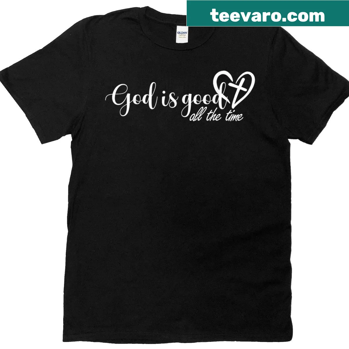Inspirational typography shirt saying 'God Is Good All The Time' — on a men's t-shirt