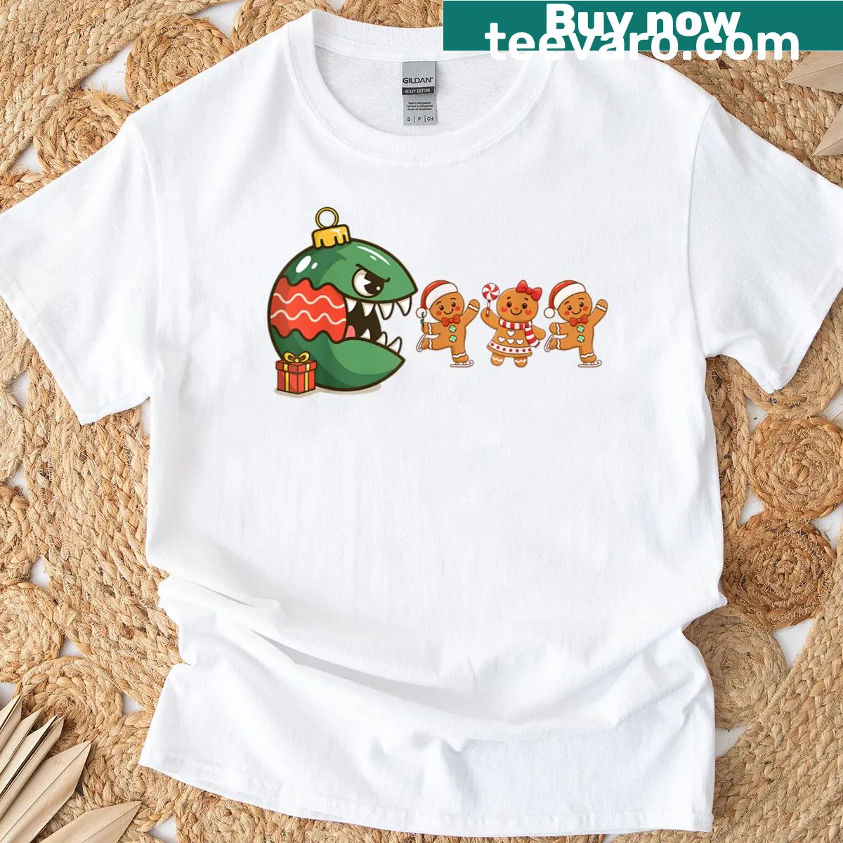 Christmas-themed gaming character graphic on a t-shirt — on a men's t-shirt