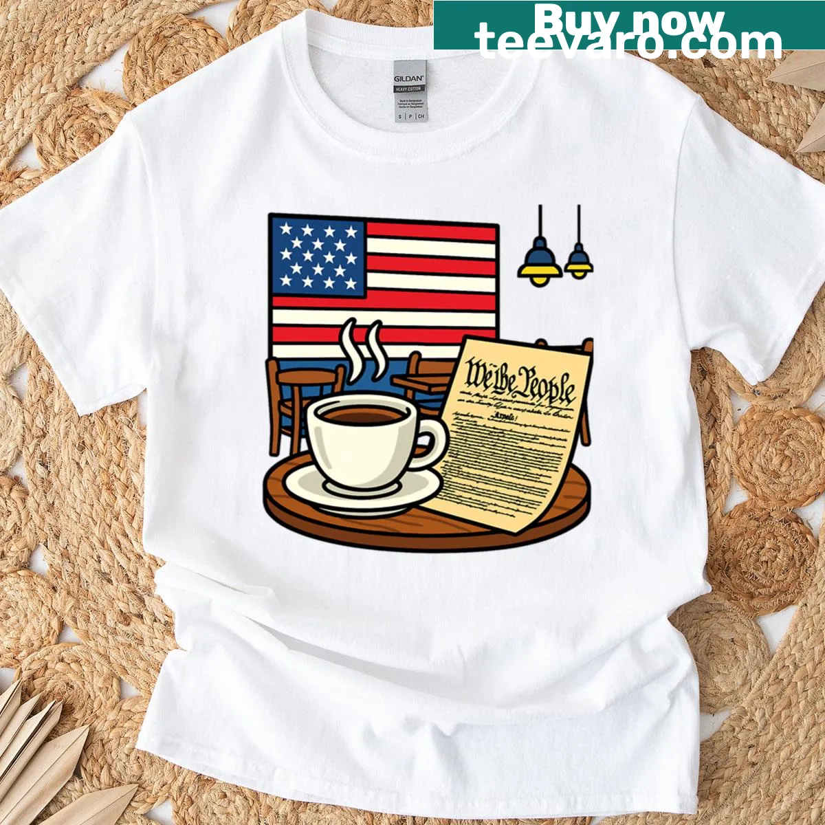 Patriotic t-shirt with cartoon design featuring coffee and constitution theme — on a men's t-shirt