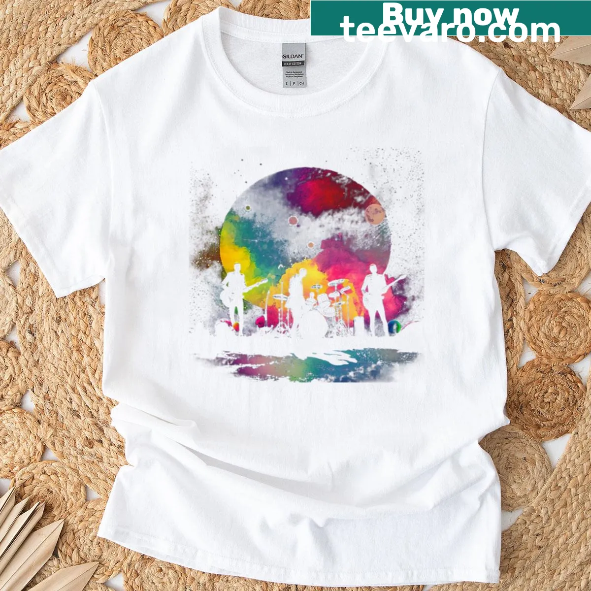 Coldplay band graphic T-shirt — on a men's t-shirt