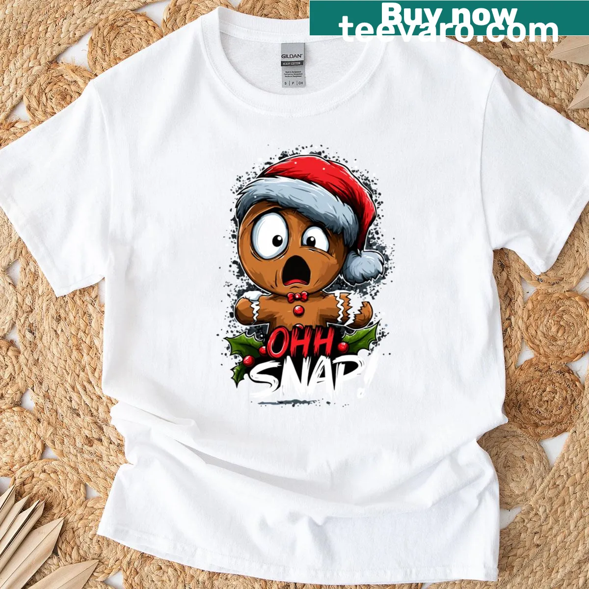 Cute Christmas t-shirt with gingerbread man and 'Oh Snap' design — on a men's t-shirt