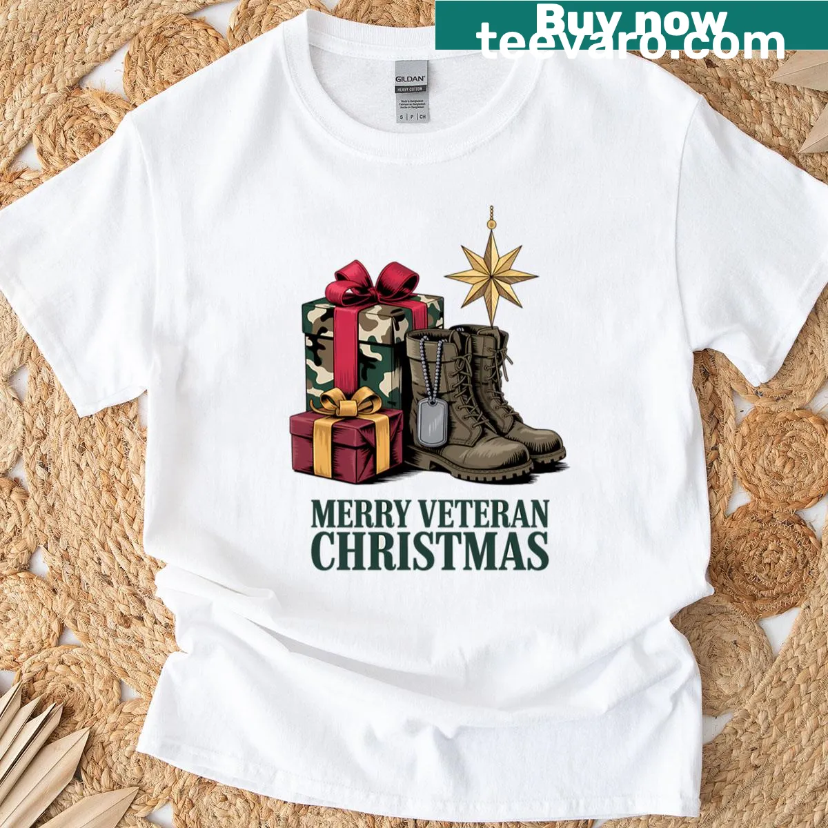 Veteran Christmas t-shirt with army boots graphic — on a men's t-shirt